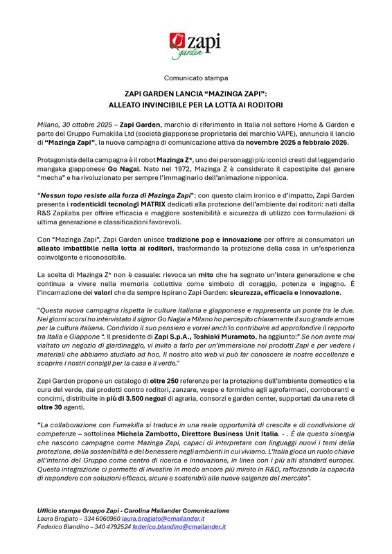Comunicato Stampa - Nessun Topo Resiste alla forza di Mazinga Zapi